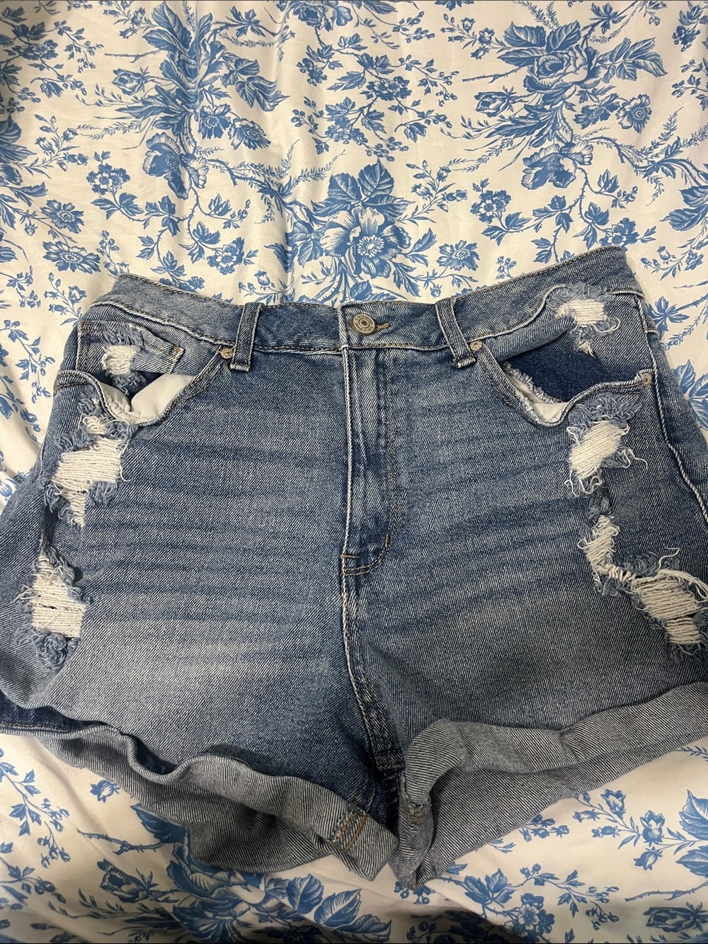 Rewash Blue Distressed Rolled-Hem Denim Shorts